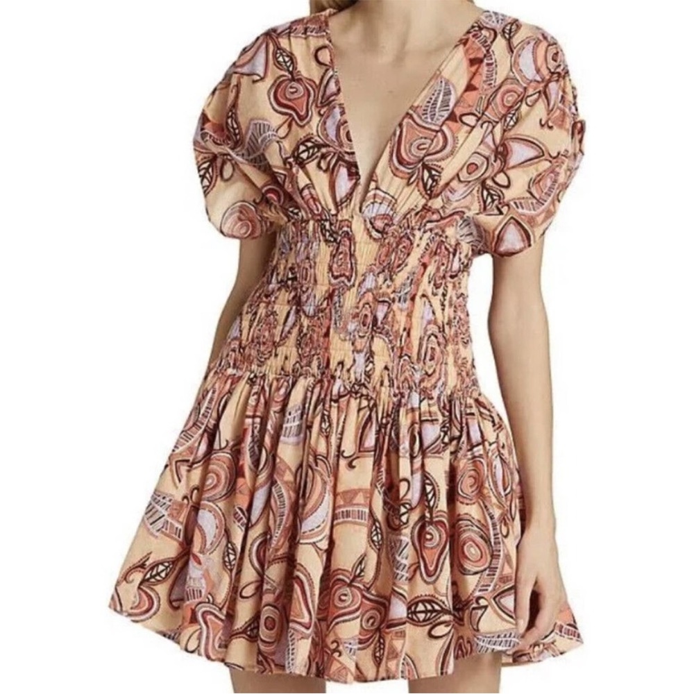 ALC Luna print smocked mini dress in peach beige multi